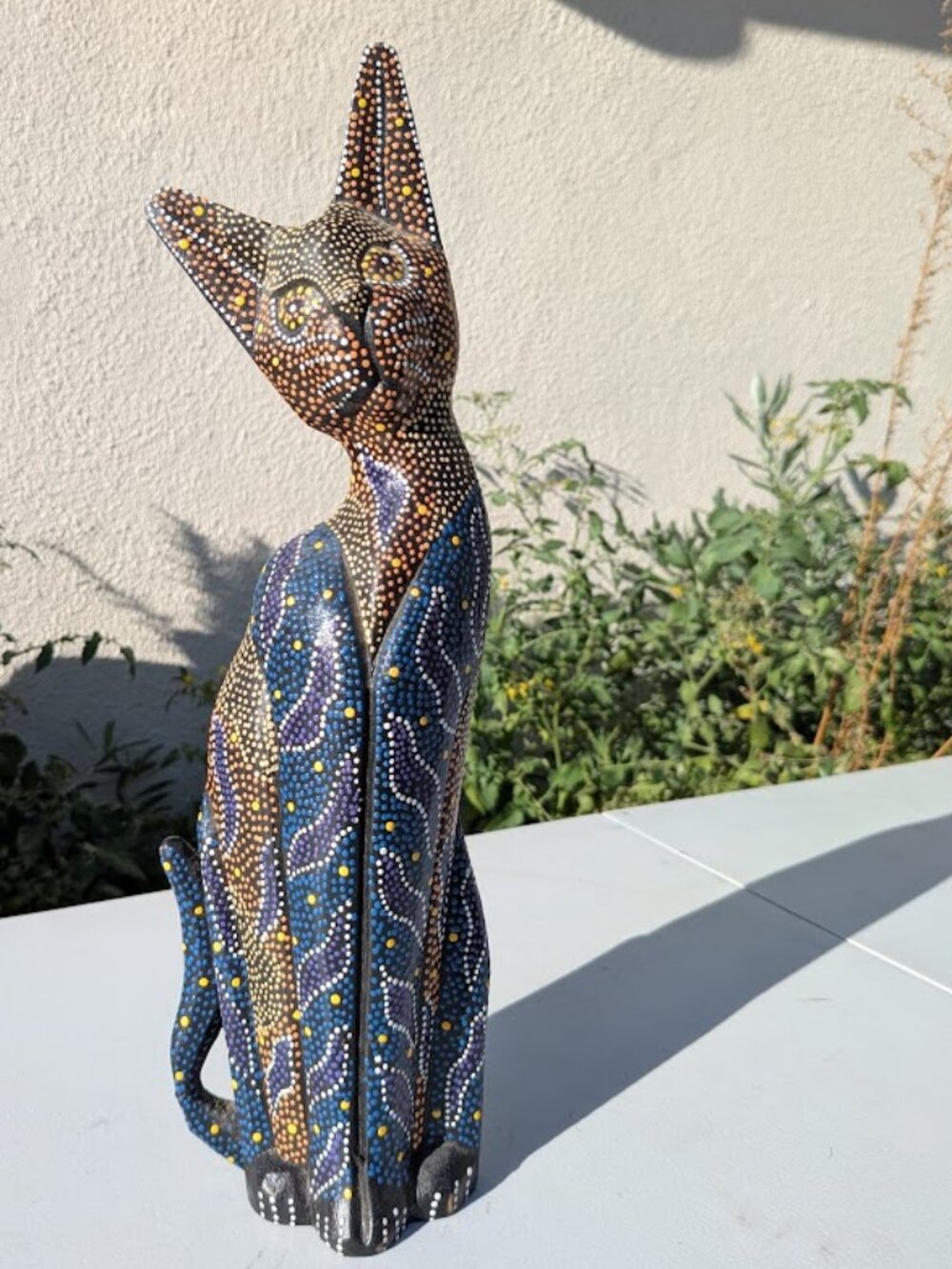 Large 14" Vintage Balinese Folk Art Wooden Cat Figurine Statue Bali Colorful Mos